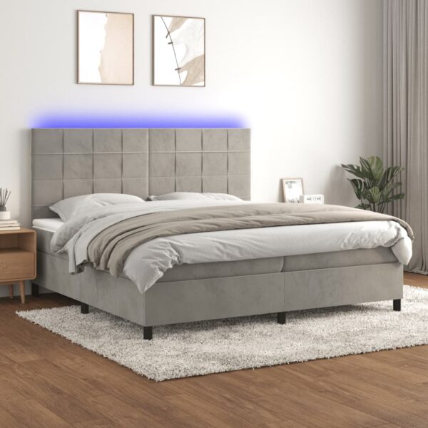 Krevet box spring s madracem LED svjetlosivi 200x200 cm baršun