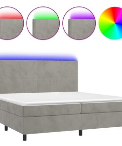 Krevet box spring s madracem LED svjetlosivi 200x200 cm baršun