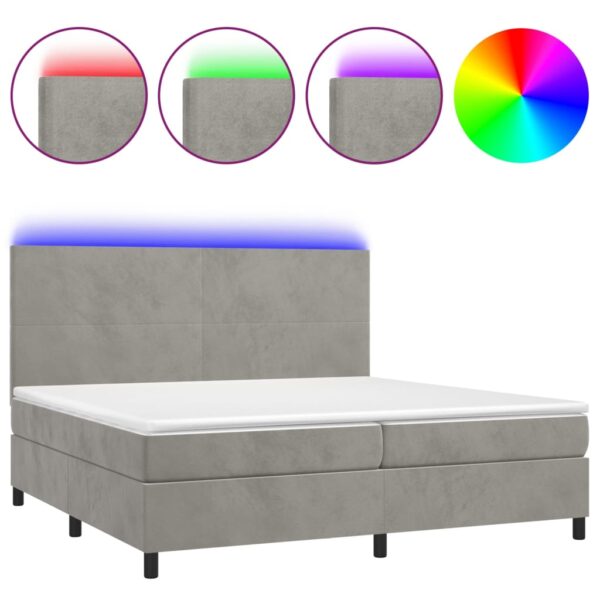 Krevet box spring s madracem LED svjetlosivi 200x200 cm baršun