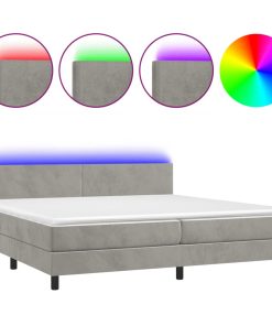 Krevet box spring s madracem LED svjetlosivi 200x200 cm baršun