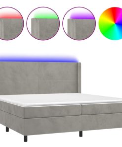 Krevet box spring s madracem LED svjetlosivi 200x200 cm baršun