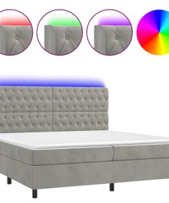 Krevet box spring s madracem LED svjetlosivi 200x200 cm baršun