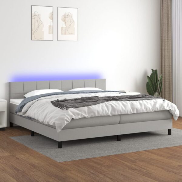 Krevet box spring s madracem LED svjetlosivi 200x200 cm tkanina