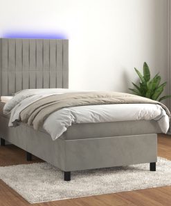 Krevet box spring s madracem LED svjetlosivi 80x200 cm baršun