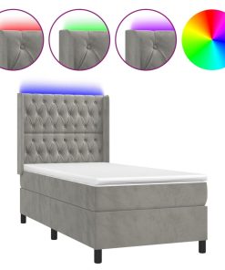 Krevet box spring s madracem LED svjetlosivi 80x200 cm baršun