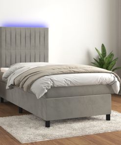 Krevet box spring s madracem LED svjetlosivi 90x190 cm baršun