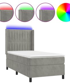 Krevet box spring s madracem LED svjetlosivi 90x190 cm baršun