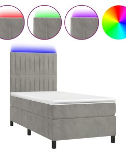 Krevet box spring s madracem LED svjetlosivi 90x190 cm baršun