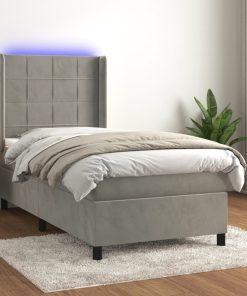 Krevet box spring s madracem LED svjetlosivi 90x190 cm baršun