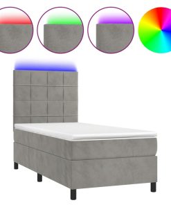 Krevet box spring s madracem LED svjetlosivi 90x200 cm baršun