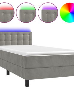 Krevet box spring s madracem LED svjetlosivi 90x200 cm baršun