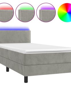 Krevet box spring s madracem LED svjetlosivi 90x200 cm baršun