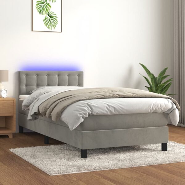 Krevet box spring s madracem LED svjetlosivi 90x200 cm baršun