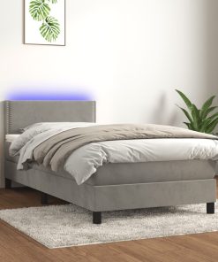 Krevet box spring s madracem LED svjetlosivi 90x200 cm baršun