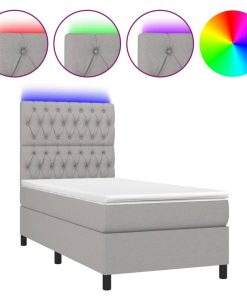 Krevet box spring s madracem LED svjetlosivi 90x200 cm tkanina