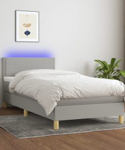 Krevet box spring s madracem LED svjetlosivi 90x200 cm tkanina