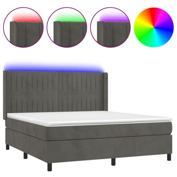 Krevet box spring s madracem LED tamnosivi 180x200 cm baršun