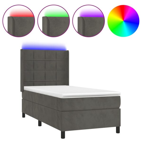 Krevet box spring s madracem LED tamnosivi 90x190 cm baršun
