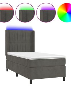 Krevet box spring s madracem LED tamnosivi 90x200 cm baršun