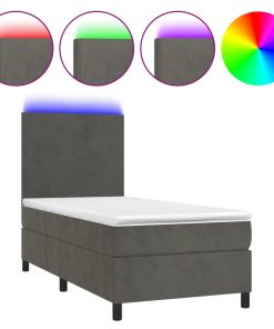 Krevet box spring s madracem LED tamnosivi 90x200 cm baršun