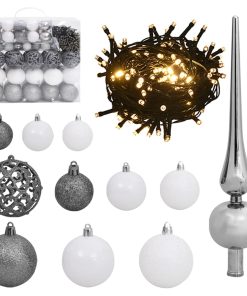 120-dijelni set božićnih kuglica s vrhom 300 LED bijelo-sivi