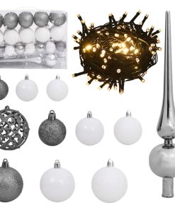 61-dijelni set božićnih kuglica s vrhom 150 LED bijelo-sivi