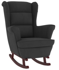 Fotelja za ljuljanje s drvenim nogama crna baršunasta