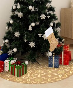 Luksuzna podloga za božićno drvce s čarapom žuta 90 cm tkanina