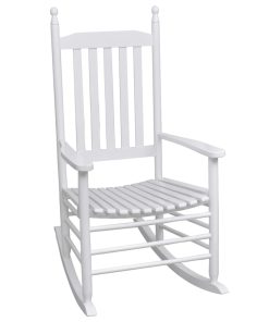 Stolica za ljuljanje sa zakrivljenim sjedalom bijela drvena