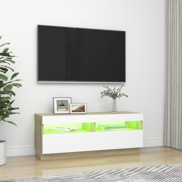 TV ormarić s LED svjetlima bijeli i boja hrasta 100x35x40 cm - Image 4