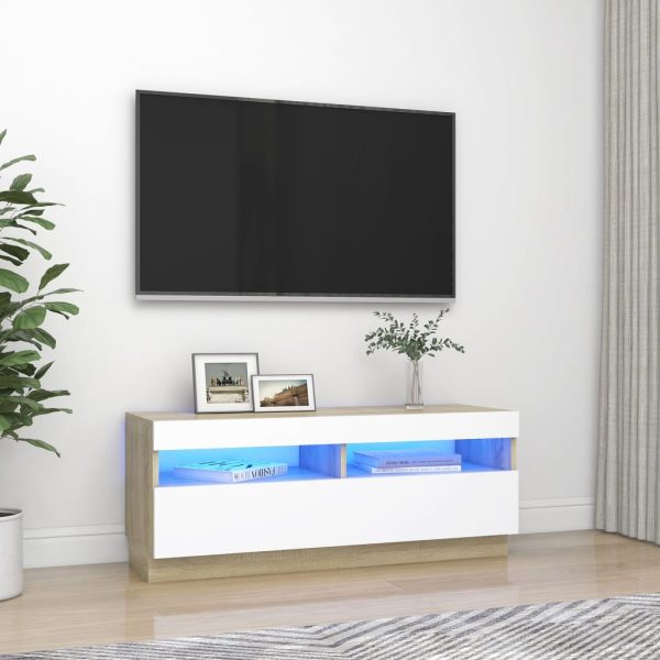 TV ormarić s LED svjetlima bijeli i boja hrasta 100x35x40 cm