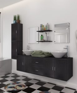 11-dijelni set kupaonskog namještaja s umivaonikom i slavinom crni