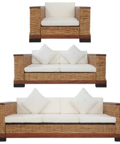 3-dijelni set sofa od prirodnog ratana s jastucima smeđi
