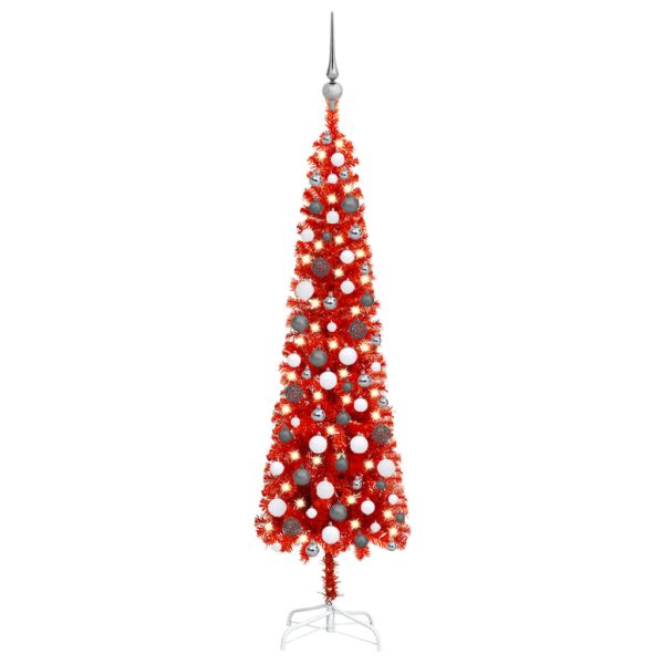 Usko božićno drvce s LED svjetlima i kuglicama 150 cm crveno