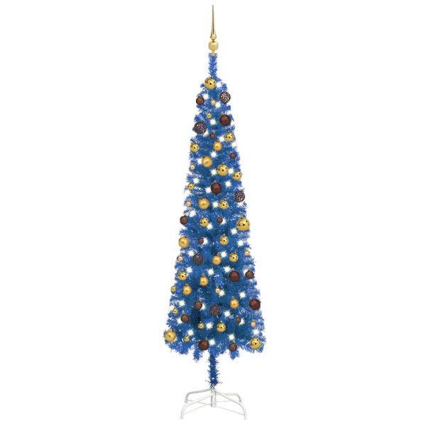Usko božićno drvce s LED svjetlima i kuglicama 210 cm plavo
