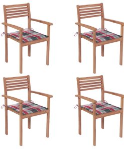 Vrtne stolice s crvenim kariranim jastucima 4 kom od tikovine