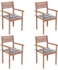 Vrtne stolice sa sivim kariranim jastucima 4 kom od tikovine