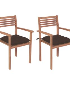 Vrtne stolice sa smeđe-sivim jastucima 2 kom masivna tikovina