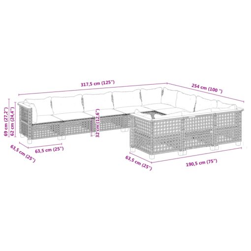 10-dijelni set vrtnih sofa od poliratana s jastucima sivi