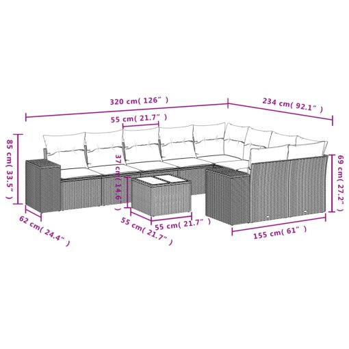 10-dijelni set vrtnih sofa od poliratana s jastucima sivi