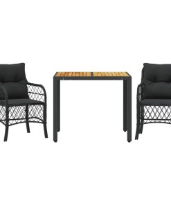 3-dijelni bistro set s jastucima crni od poliratana