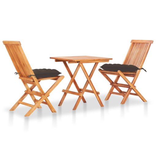 3-dijelni bistro set sa smeđe-sivim jastucima masivna tikovina