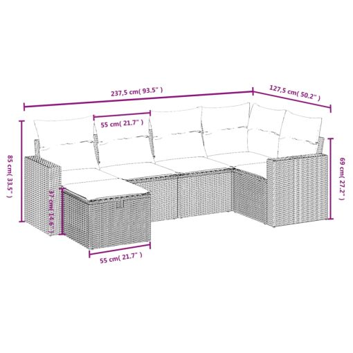 6-dijelni set vrtnih sofa od poliratana s jastucima sivi