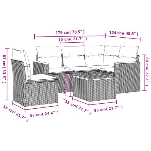6-dijelni set vrtnih sofa od poliratana s jastucima sivi