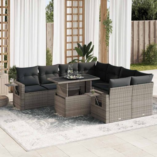 9-dijelni set vrtnih sofa od poliratana s jastucima sivi