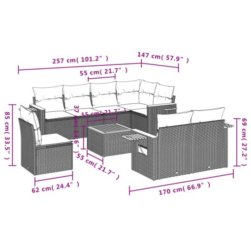 9-dijelni set vrtnih sofa od poliratana s jastucima sivi