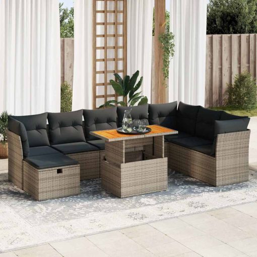 9-dijelni set vrtnih sofa poliratan i bagrem s jastucima sivi