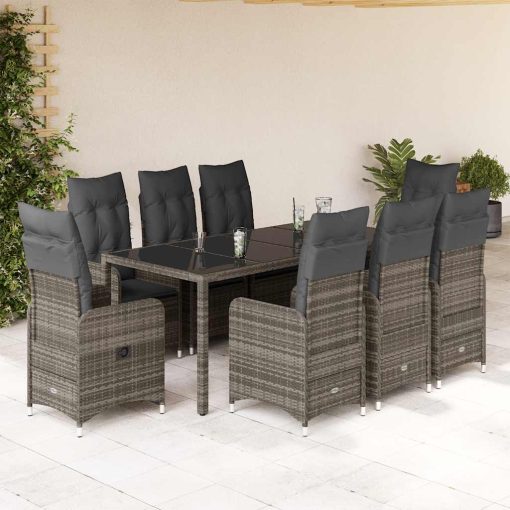 9-dijelni vrtni bistro set od poliratana s jastucima sivi