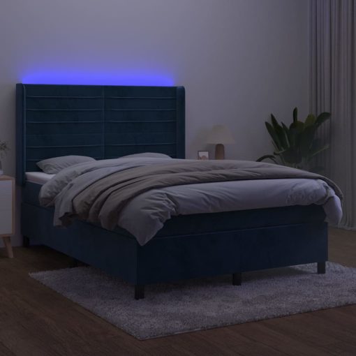 Krevet box spring s madracem LED tamnoplavi 140x200 cm baršun