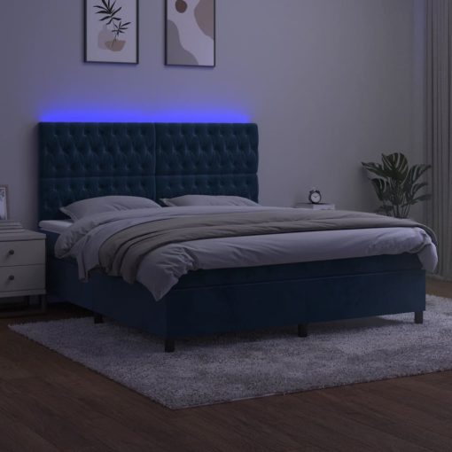Krevet box spring s madracem LED tamnoplavi 160x200 cm baršun
